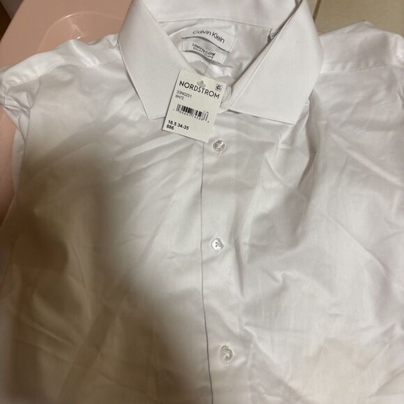 Calvin Klein Mens Standard White Cotton  Blend  Sleeve Button Shirt NWT  Large - Picture 1 of 5